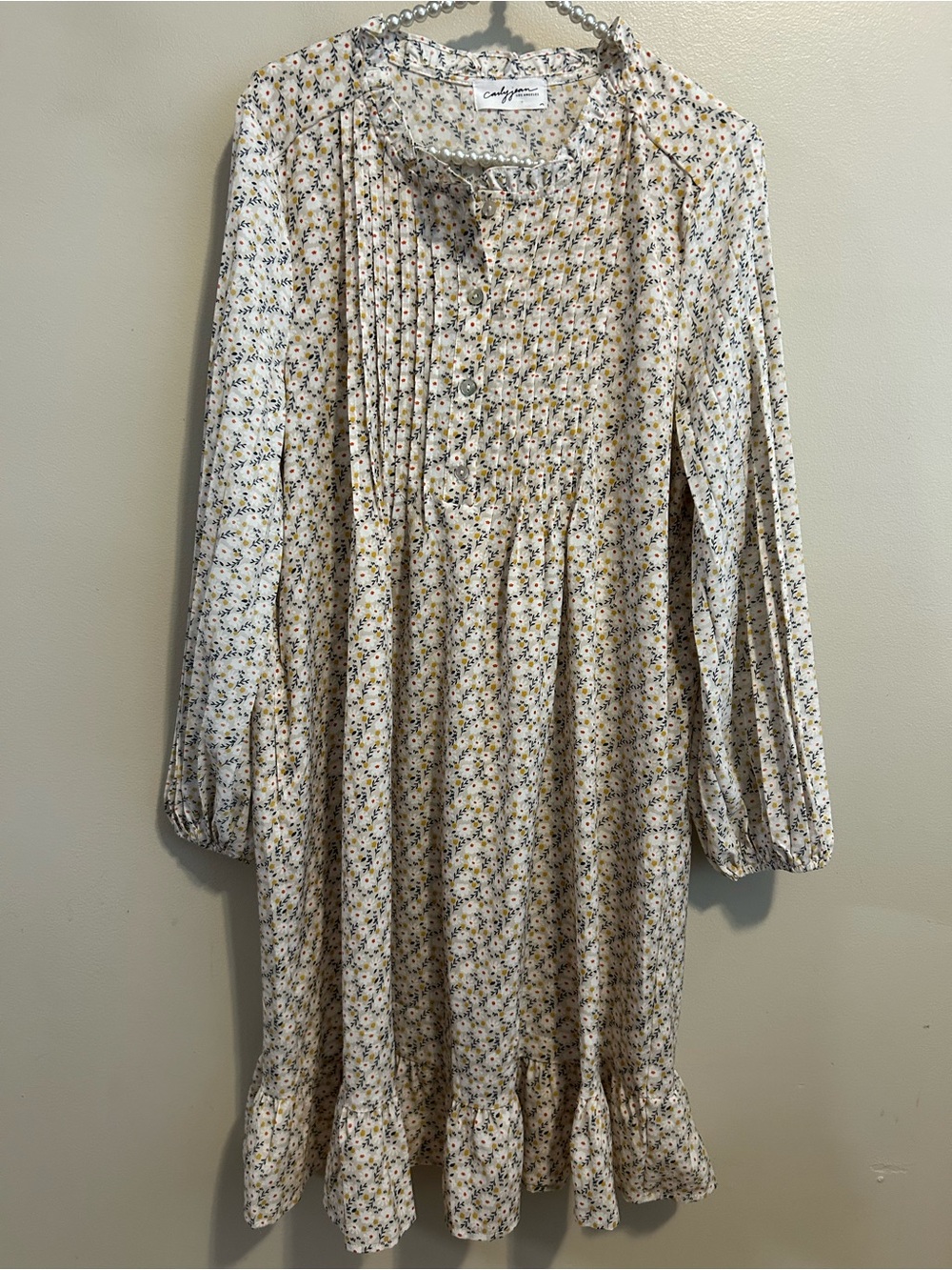 Carly Jean Los Angeles Floral Midi Dress M Pintuck Pleated Ruffle Peasant Boho